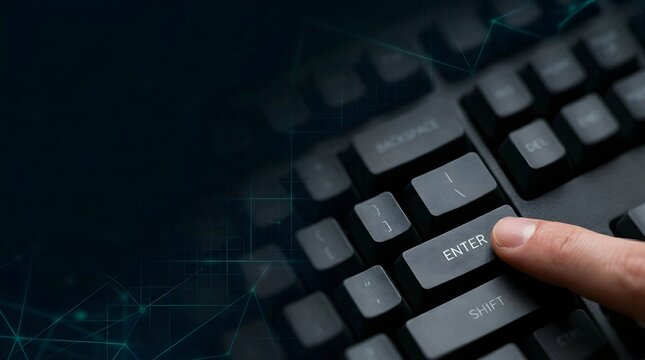 Finger Pressing Enter Key on Computer Keyboard with Digital Technology and Network Connection Background.