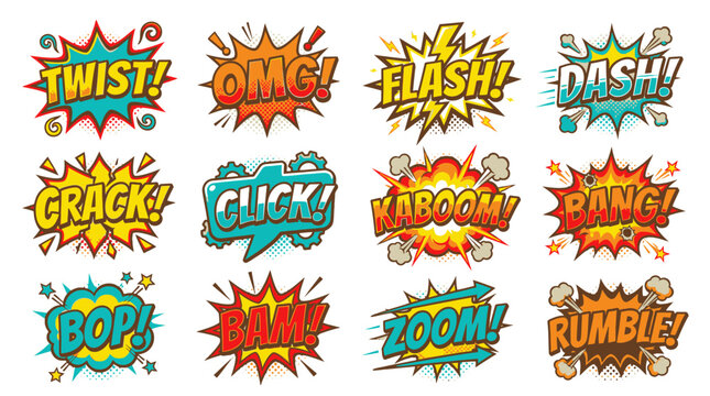 Colorful comic book sound effect bubbles set on white.