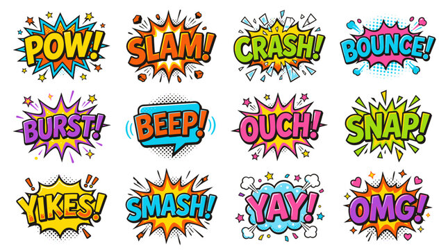 Colorful comic book onomatopoeia sound effect bubbles set.