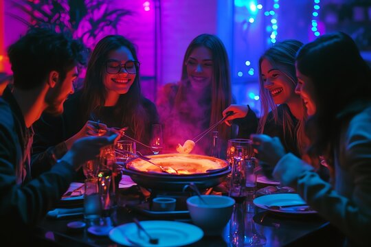 Authentic lifestyle concept Friends enjoying lively dinner around grill. natural candid visual scene for modern advertising campaign diverse emotional atmosphere professional stock content commercia