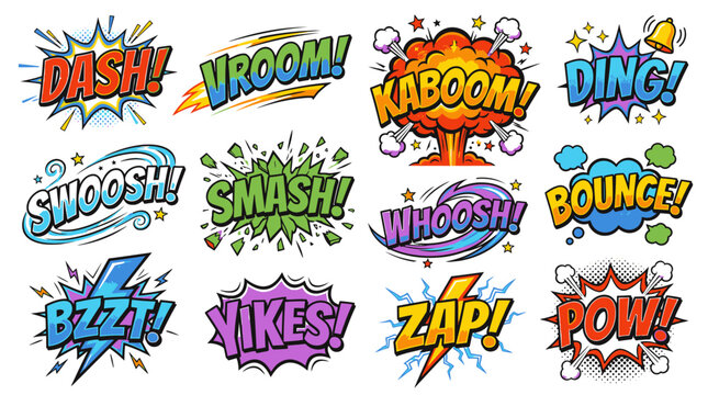 Colorful comic book onomatopoeia sound effect speech bubbles collection.