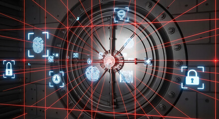 Naklejka premium Advanced digital security system protecting a large bank vault door with biometric and access control icons.