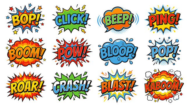 Colorful comic book onomatopoeia sound effects sticker collection.