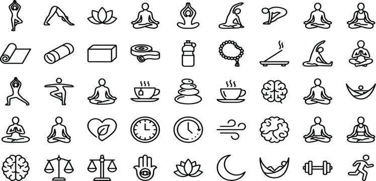 Minimalist yoga and meditation outline icons bundle for wellness mindfulness and balanced healthy lifestyle vector