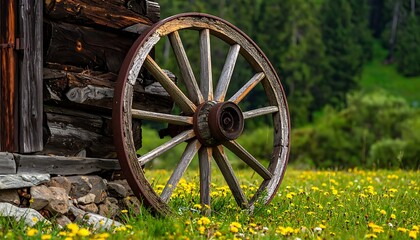 Fototapeta premium A weathered wooden wagon wheel leans against a rustic log structure