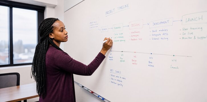 Generative AI, Woman drawing a project timeline on a whiteboard