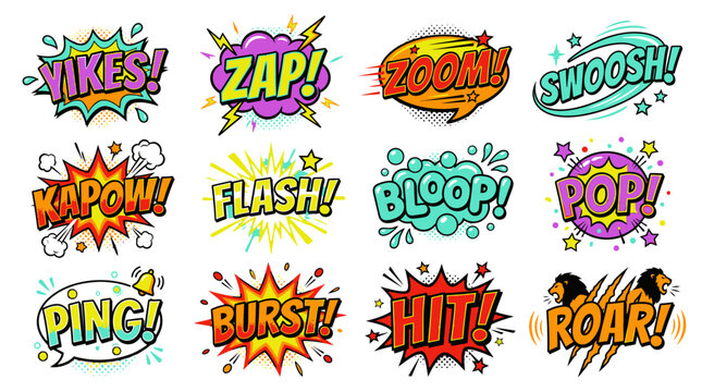 Colorful comic book stickers with zap and swoosh.