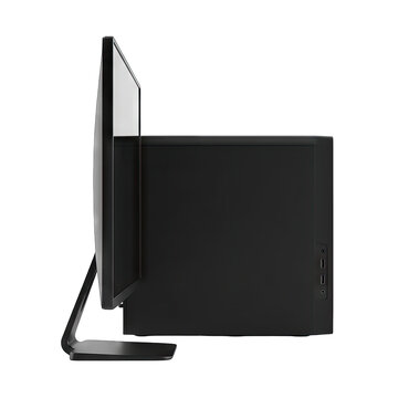Side view of a black computer monitor and tower
