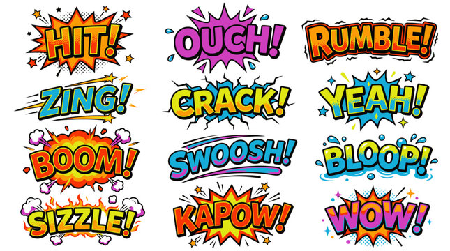 Colorful comic book sound effect expressions on white background.
