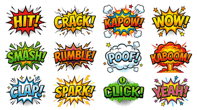 Colorful comic book sound effects bubbles and explosions set.