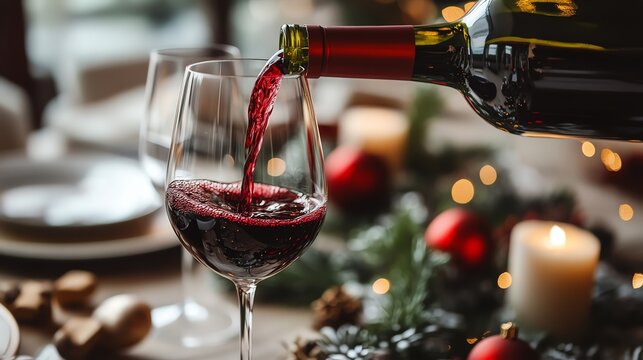 Authentic lifestyle concept Red wine pouring into a glass at a festive dinner. natural candid visual scene for modern advertising campaign diverse emotional atmosphere professional stock content com