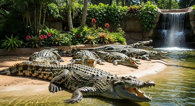 Two crocodiles basking on rocky riverbank in jungle.