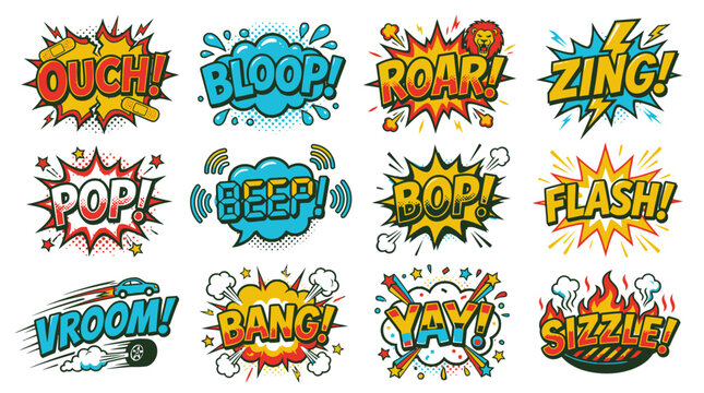 Colorful onomatopoeia bubbles set with Roar and Zing text.