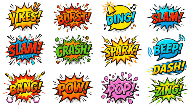 Colorful onomatopoeia sound bubbles with burst and dash words.