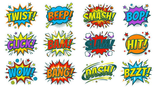 Comic book action word stickers with halftone dot effects.