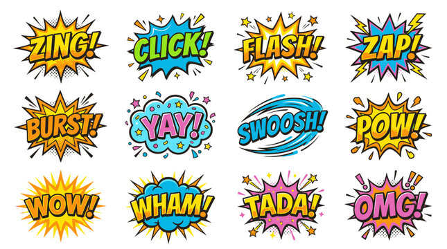 Colorful onomatopoeia sound effect bubbles for comic art.
