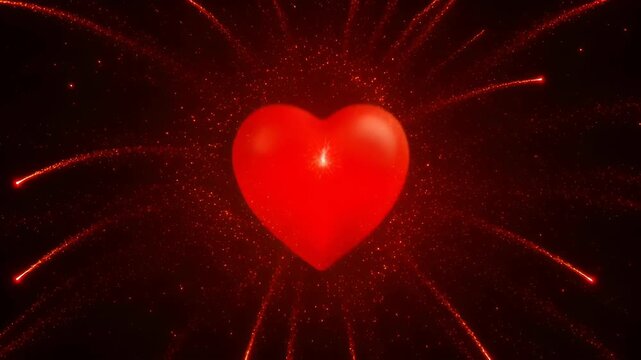 Glowing red heart shape against dark nubes absorb romantic light, heart shape red glow absorb nubes light, red heart firework explosion abstract love symbol glowing red burst dark background absorb