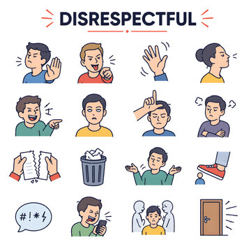 Disrespectful Icon Set, Rude Behavior and Impolite Attitude Outline Vector Collection