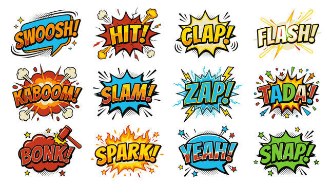 Comic book blast bubbles with kaboom and zap sound effects.