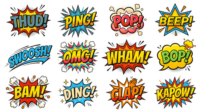 Colorful onomatopoeia sound effect stickers for comic books.