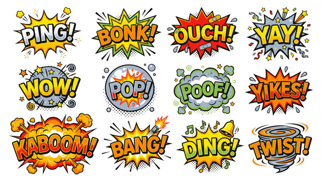 Colorful comic book sound effect speech bubbles set.
