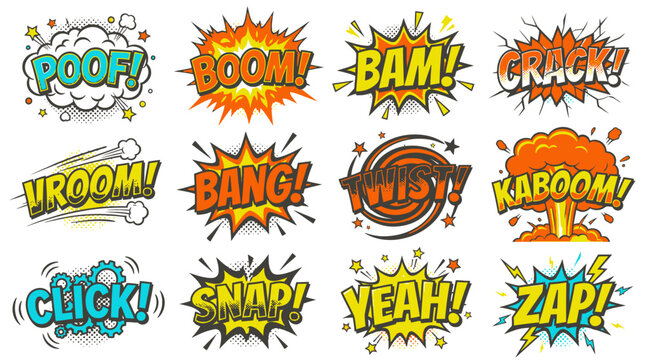 Colorful comic book sound effect speech bubbles set.