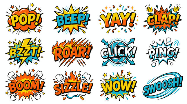Colorful onomatopoeia speech bubbles for comic design.