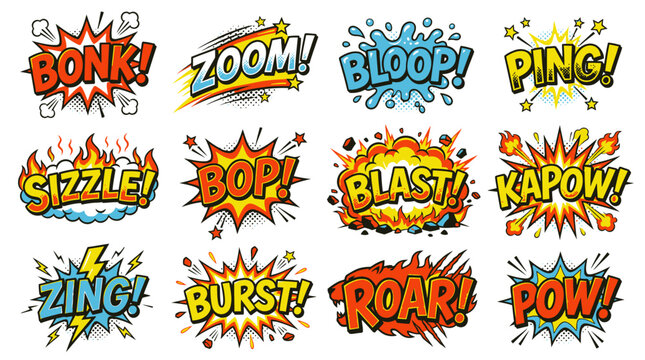 Colorful comic onomatopoeia stickers for creative design.