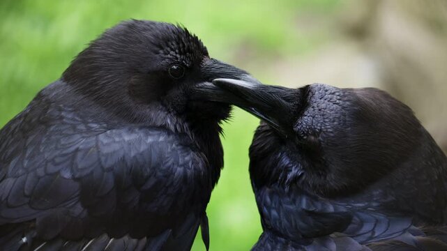 Two black ravens perched on a wooden branch, glossy dark feathers with subtle blue highlights, facing each other