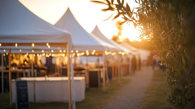 Authentic lifestyle concept Sunset view of outdoor market tents and lights. natural candid visual scene for modern advertising campaign diverse emotional atmosphere professional stock content commer