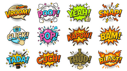 Naklejka premium Colorful onomatopoeia speech bubbles collection for comic art.