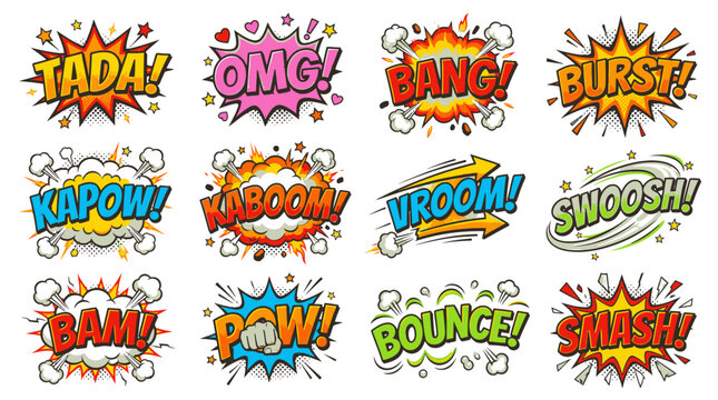Colorful comic sound bubbles with Kaboom and Vroom text