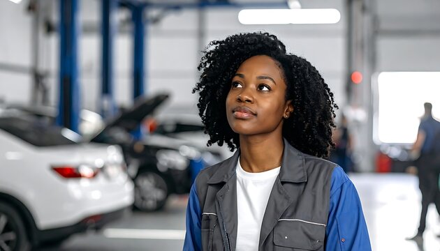 A woman in a garage with a thoughtful expression