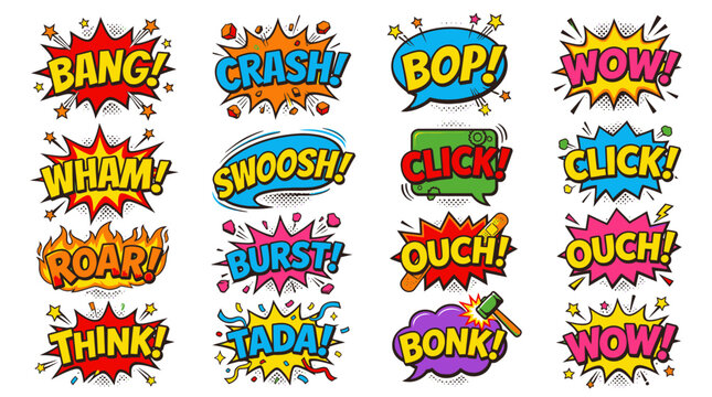 Comic book sound effect stickers with bang crash and wow.