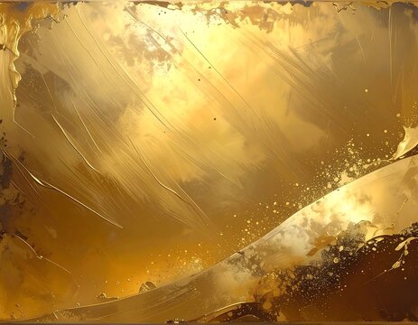 Abstract artwork features swirling gold textures with a splash of flowing elements