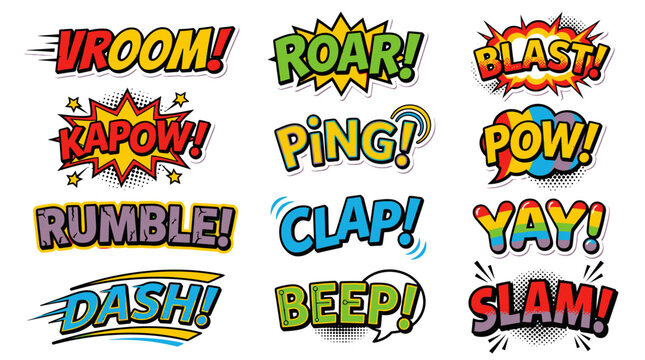 Comic book onomatopoeia set with roar and vroom effects.