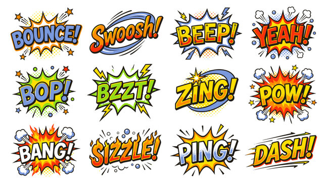 Colorful comic sound effect bubbles with bounce and sizzle text.