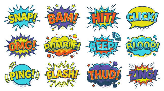 Comic book onomatopoeia sound effects and action bubbles kit.