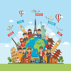 A globe surrounded by famous landmarks and diverse people © Kalika
