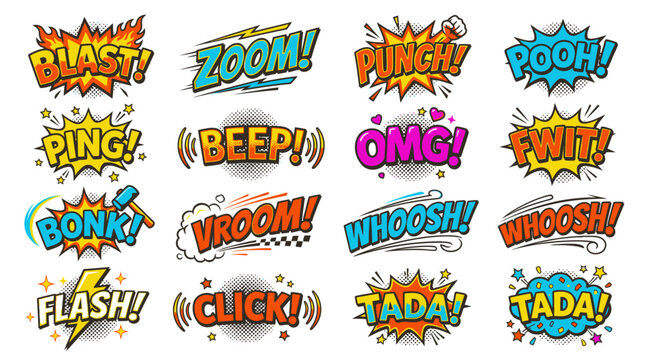 Colorful retro comic book action sound effects stickers.