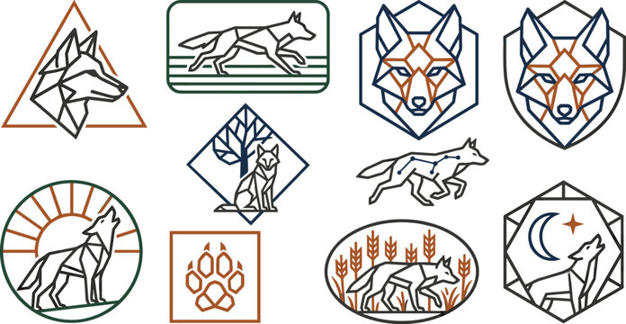 Geometric Wolf Line Art Badge Logo Set with Howling Running and Face Poses for Wilderness and Outdoor Brand Designs