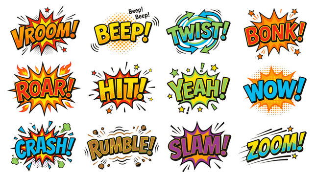 Comic book onomatopoeia text bubbles for action graphics.