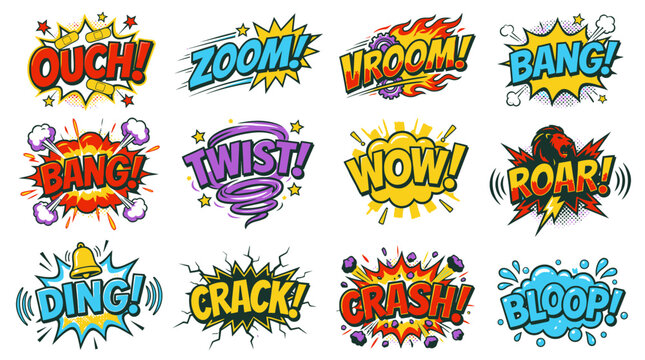 Colorful retro comic sound bubbles with action words.