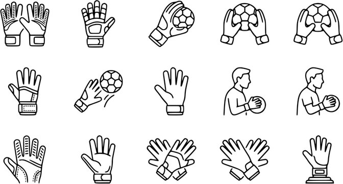 Goalkeeping Sports Line Art Icons. Football  Handball Goalkeeper Gloves, Hands Catching Ball Outline Pictograms. Athletic Equipment  Actions.