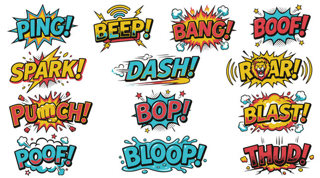 Dynamic comic book sound effects bubbles in retro style