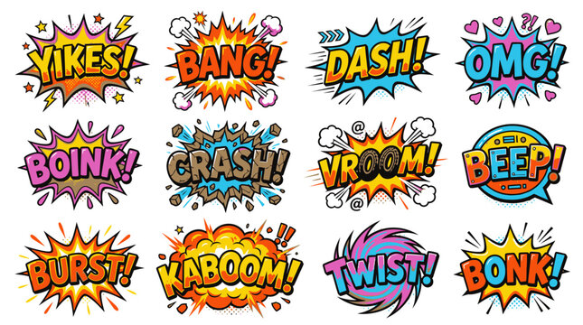 Comic book sound effects yikes bang dash crash vroom.