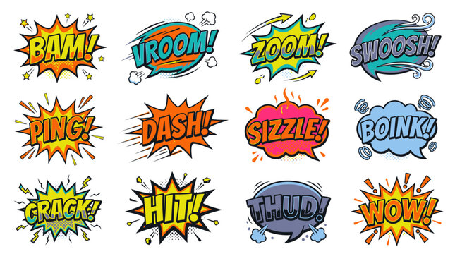 Comic book sound words including bam and vroom bubbles.