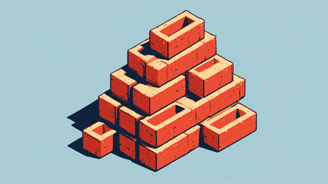 Stack of Red Bricks with Shadows on Light Blue Background.