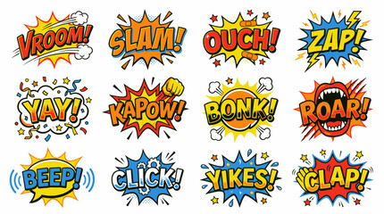 Naklejka premium Dynamic Comic Book Sound Effects with Action Expressions