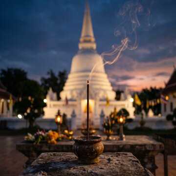 Burning incense stick with smoke at twilight with a white Buddhist temple stupa background in Sri Lanka